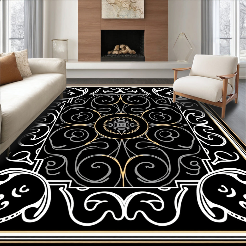Elegant Black White Gold Scroll Pattern Rug