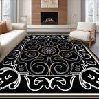 Elegant Black White Gold Scroll Pattern Rug