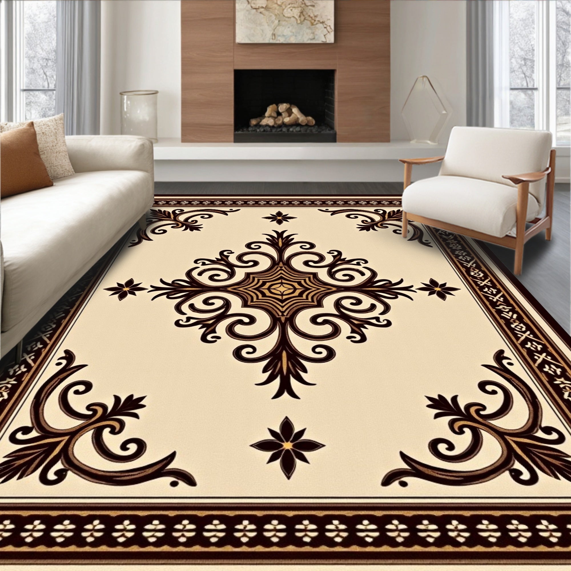 Ornate Scrollwork and Floral Design Rug