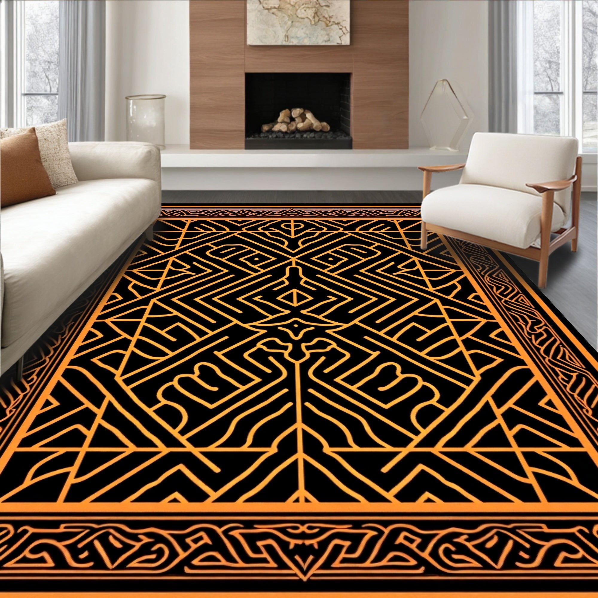 Intricate Geometric Lines Black Gold Rug