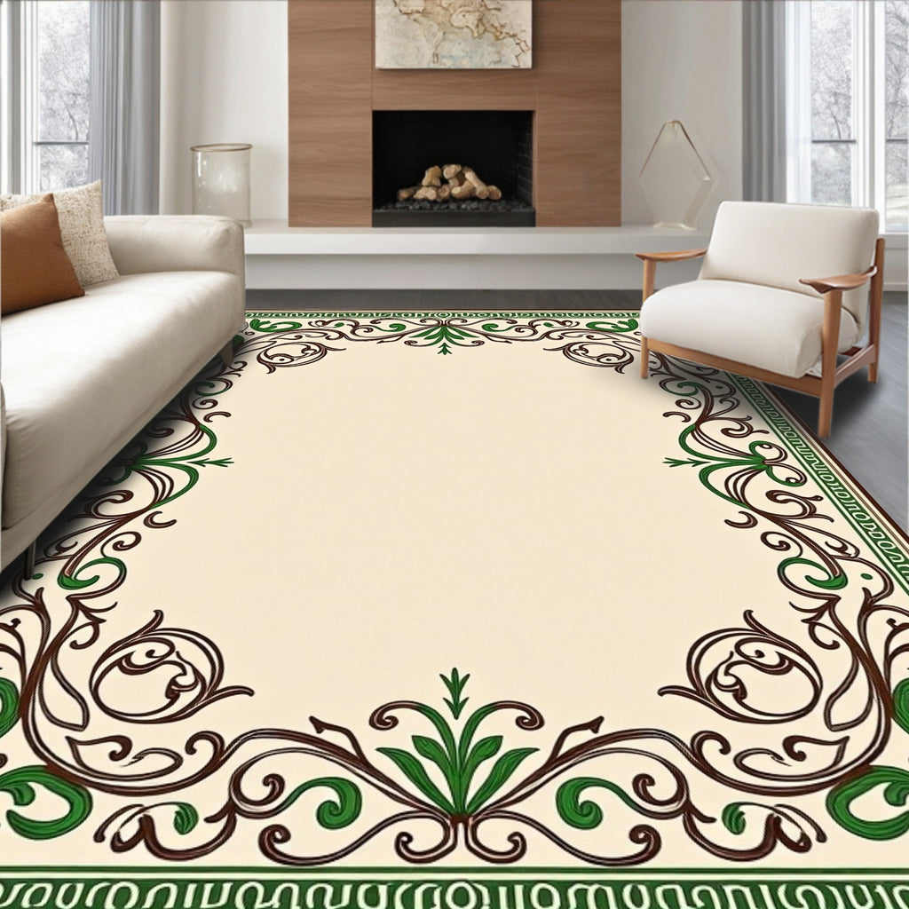 Elegant Floral Scrollwork Brown and Green Design Rug