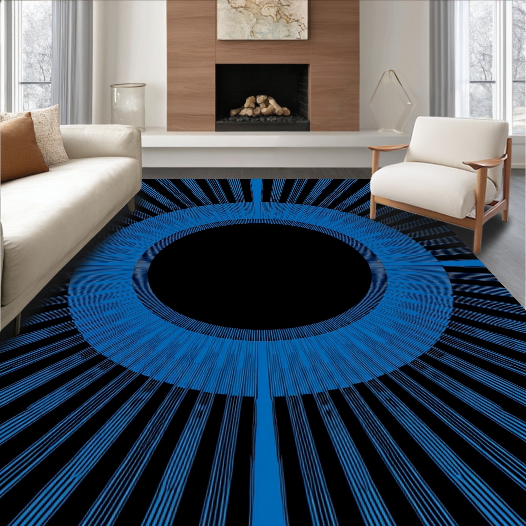 Radiant Blue Sunburst Geometric Design Rug