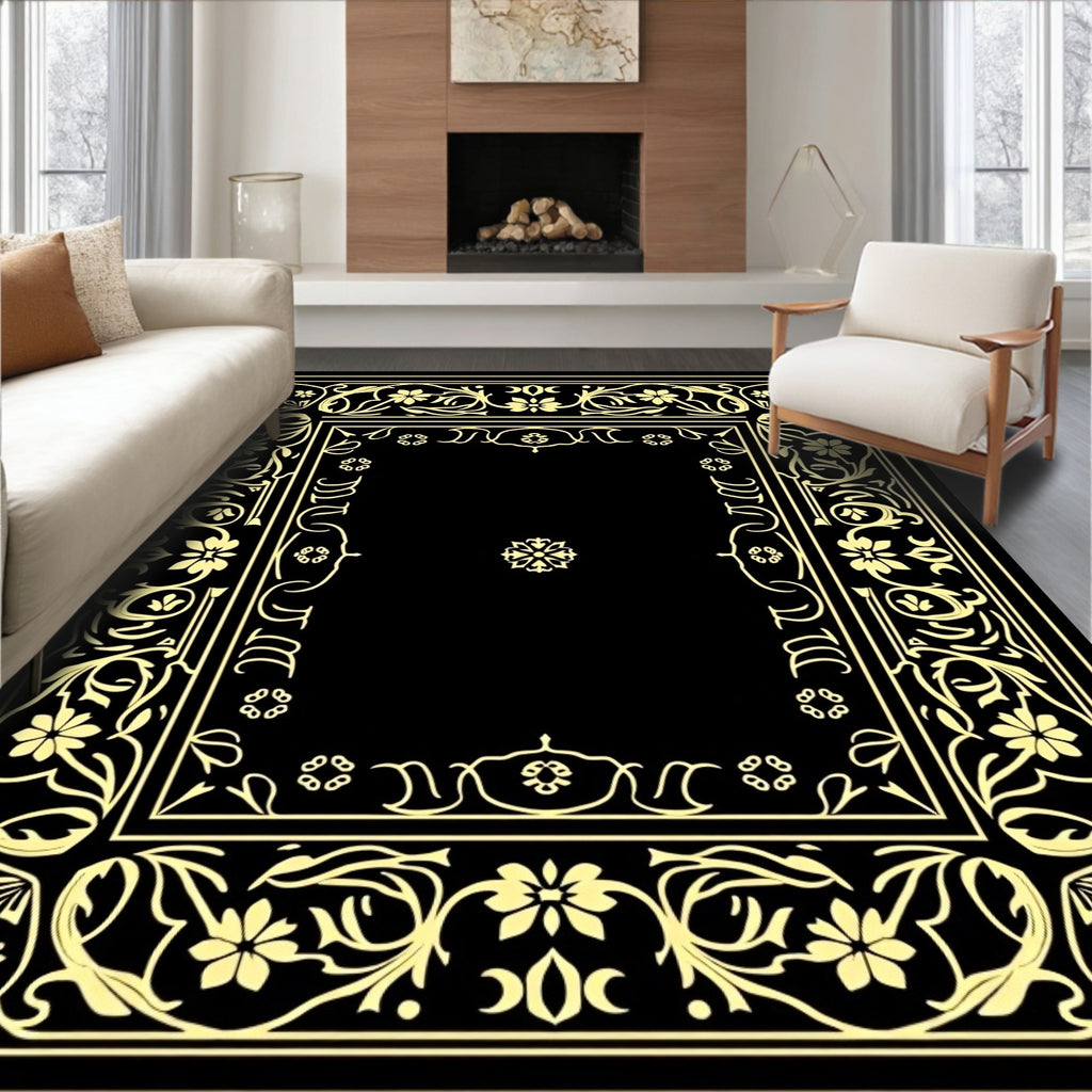 Elaborate Floral Scrollwork Black Gold Rug