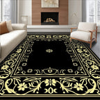 Elaborate Floral Scrollwork Black Gold Rug