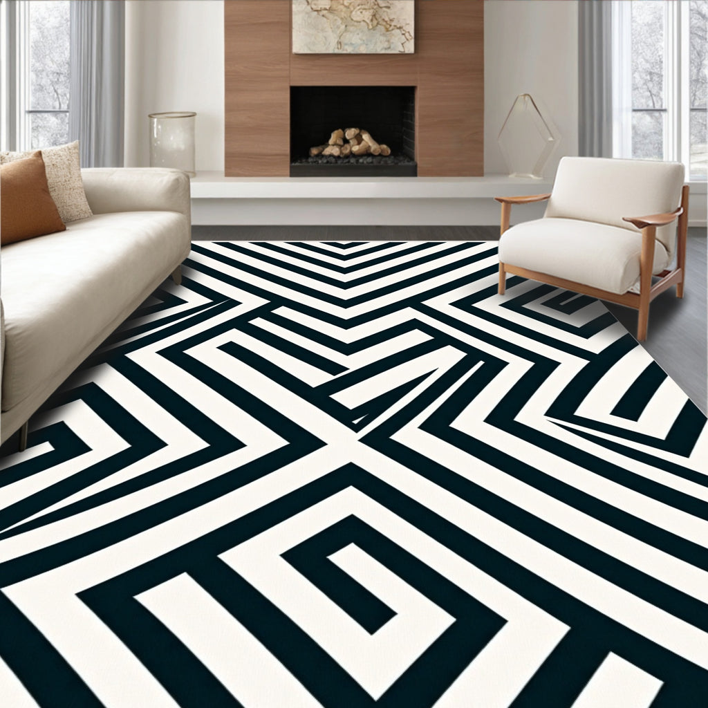 Modern Black White Geometric Maze Rug