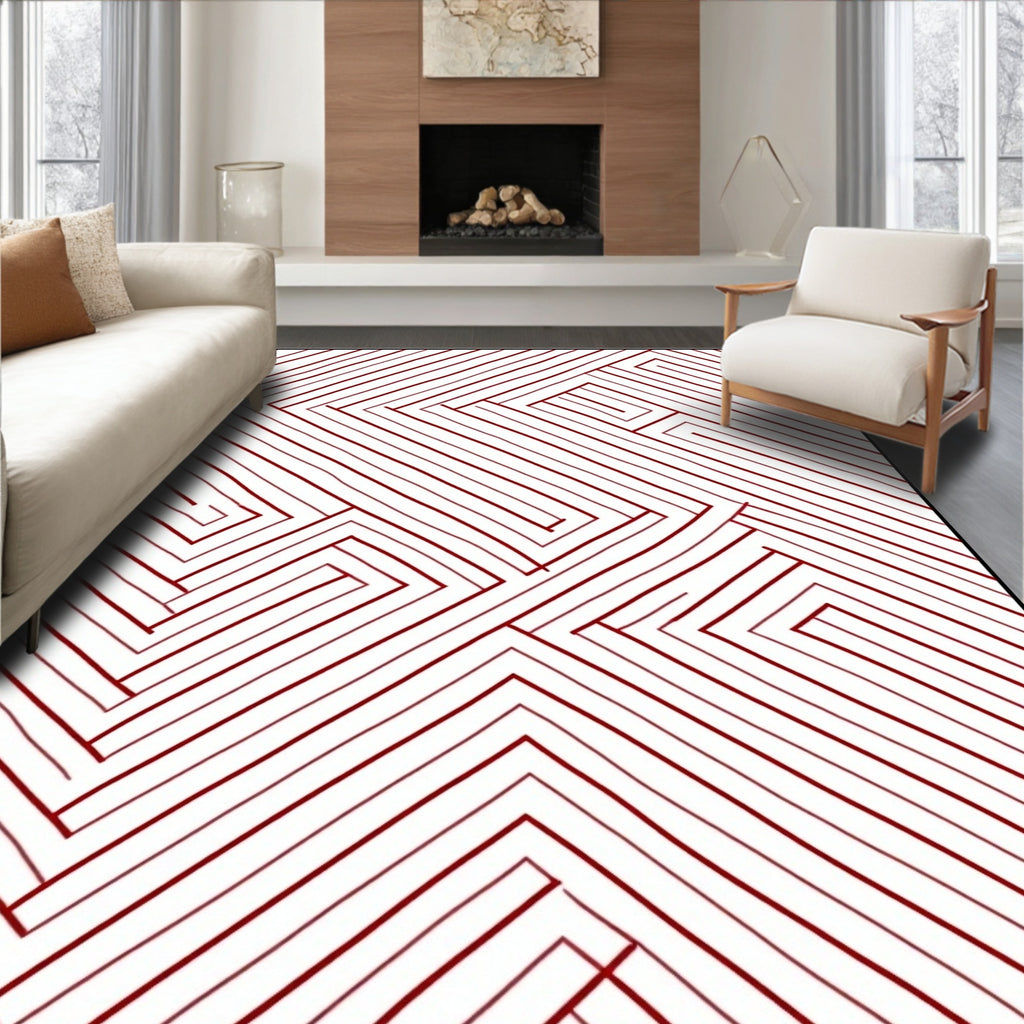 Red Line Abstract Geometric Pattern Rug