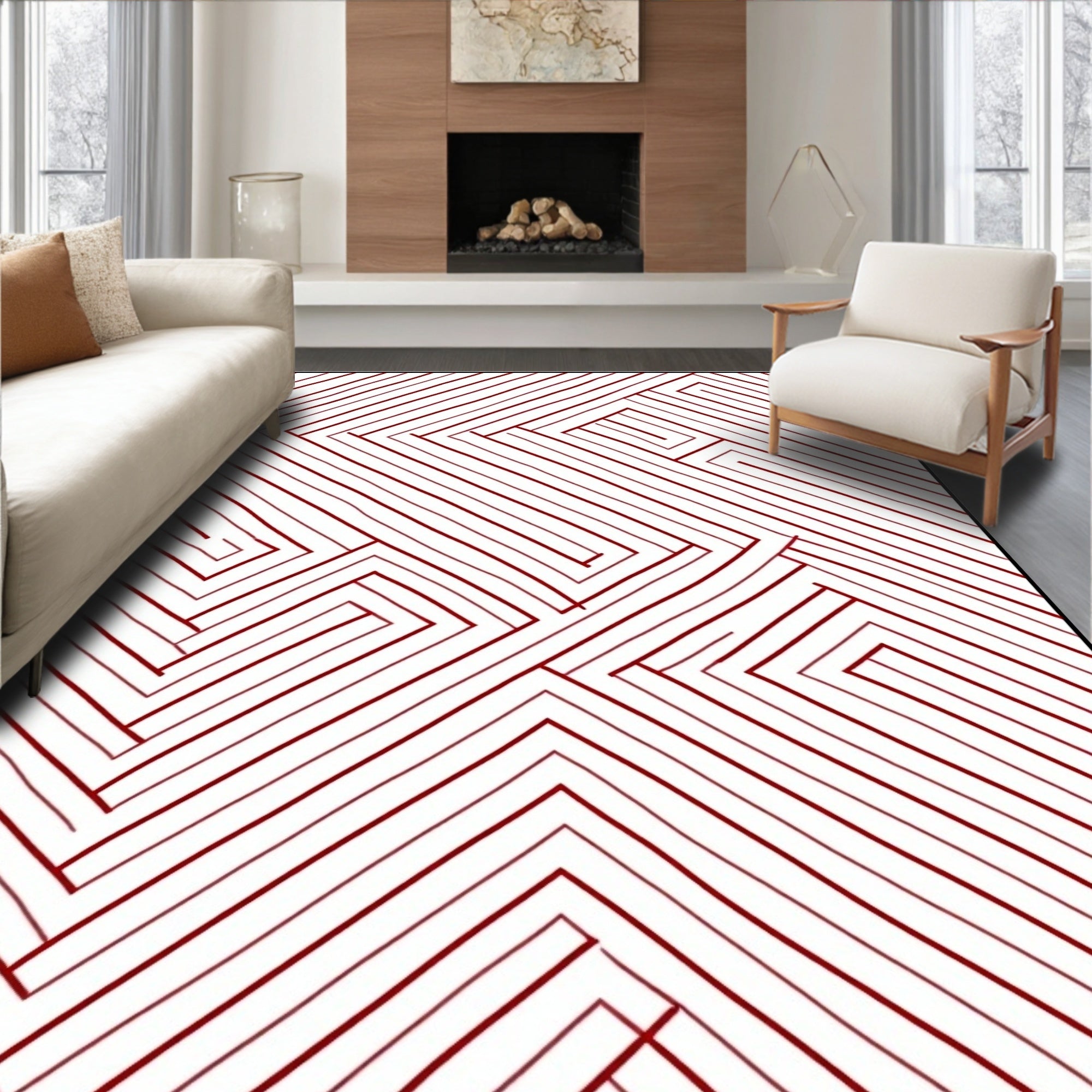 Red Line Abstract Geometric Pattern Rug