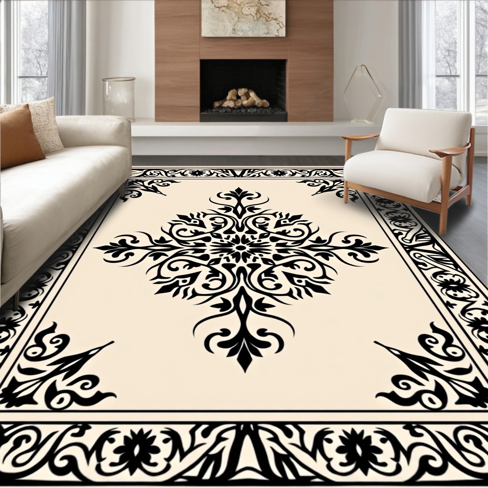 Elegant Black Floral Medallion Rug