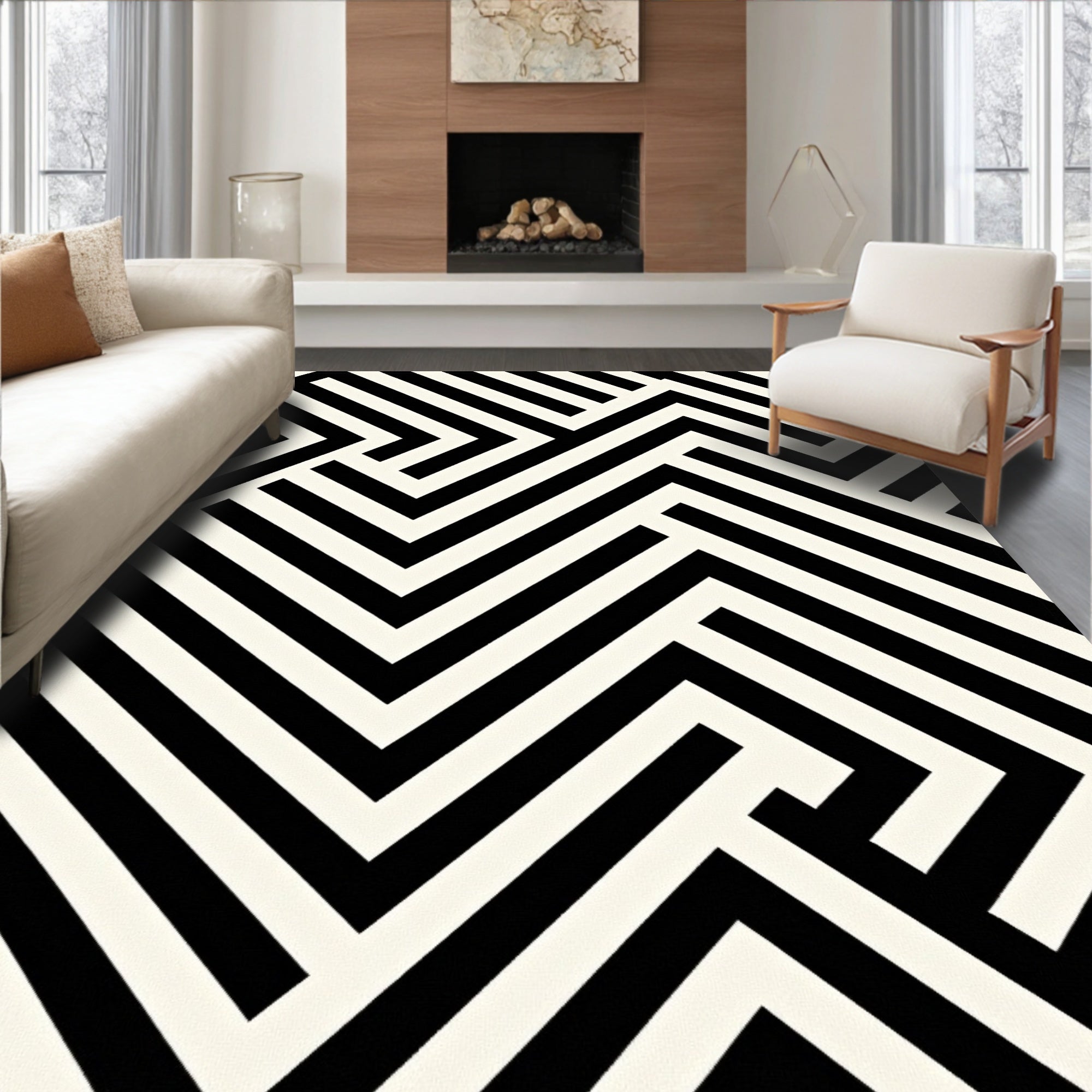 Modern Black White Geometric Maze Design Rug