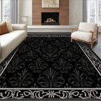Ornate Black Swirls Floral Pattern Rug