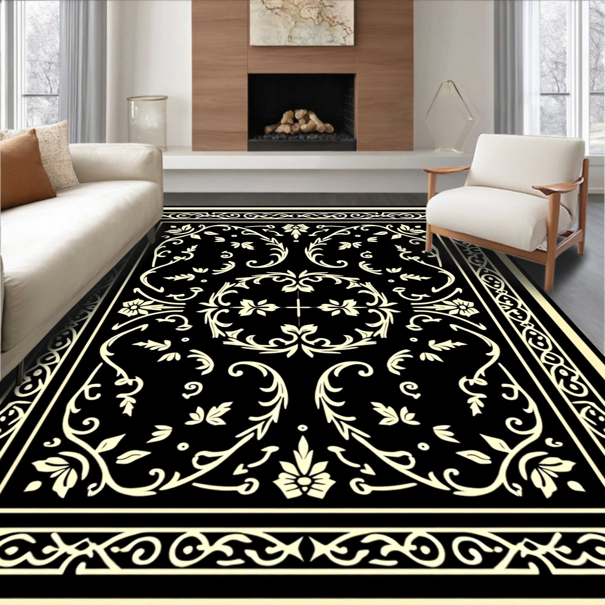 Cream Floral Scrollwork Black Rug