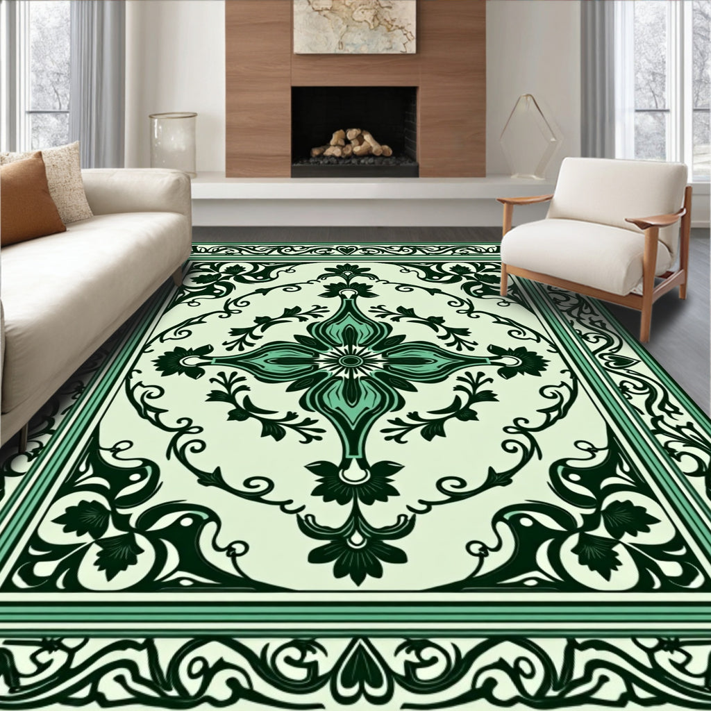 Classic Floral Scrollwork Green Rug