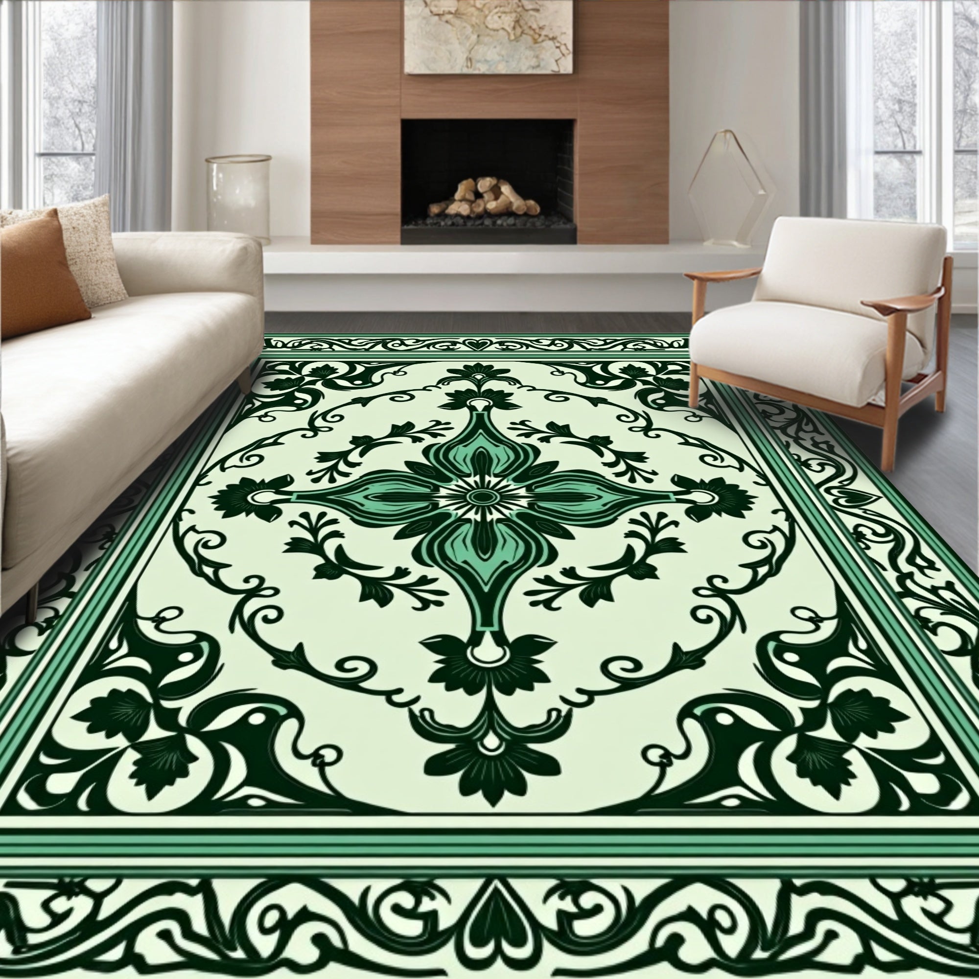 Classic Floral Scrollwork Green Rug