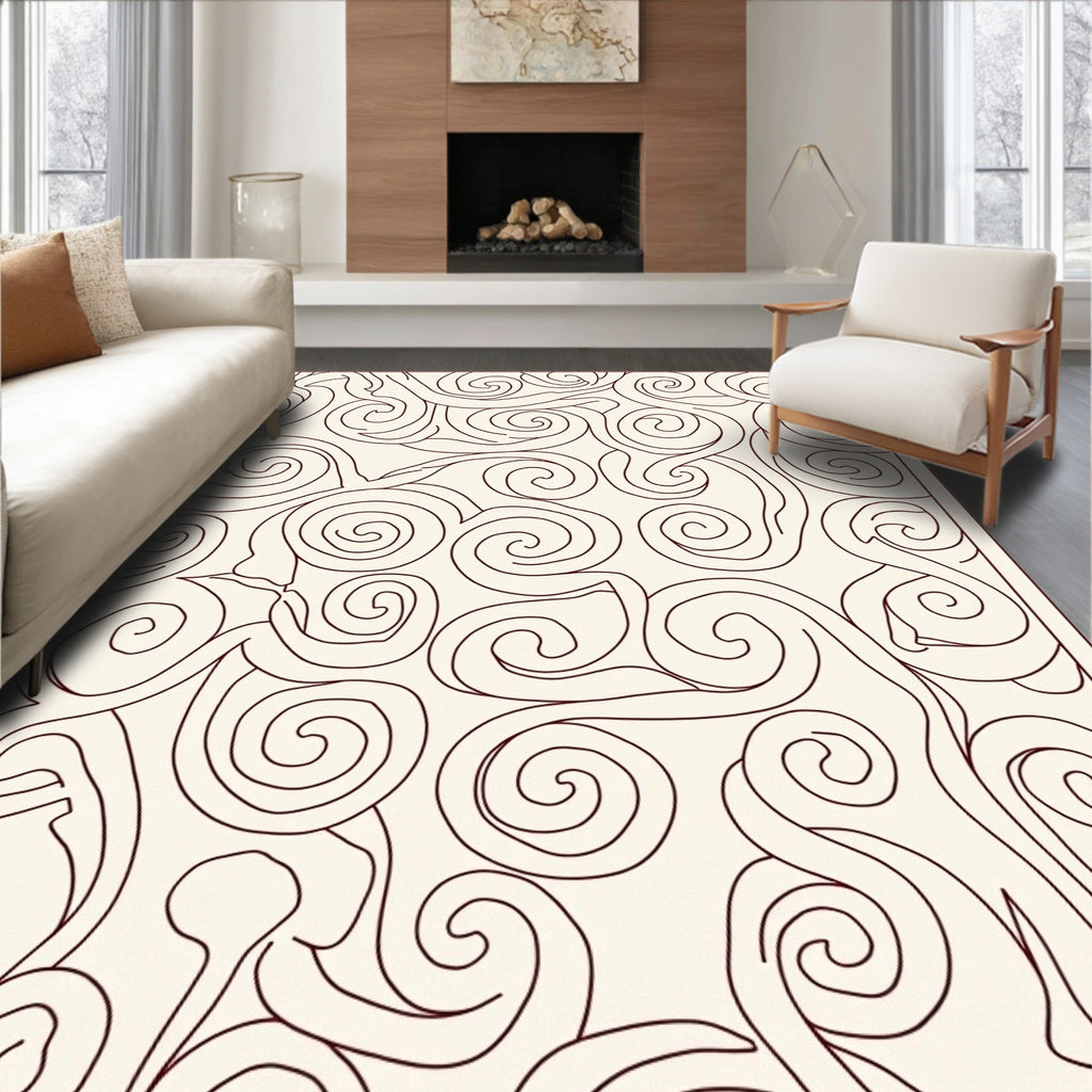 Cream Burgundy Swirl Pattern Design Rug