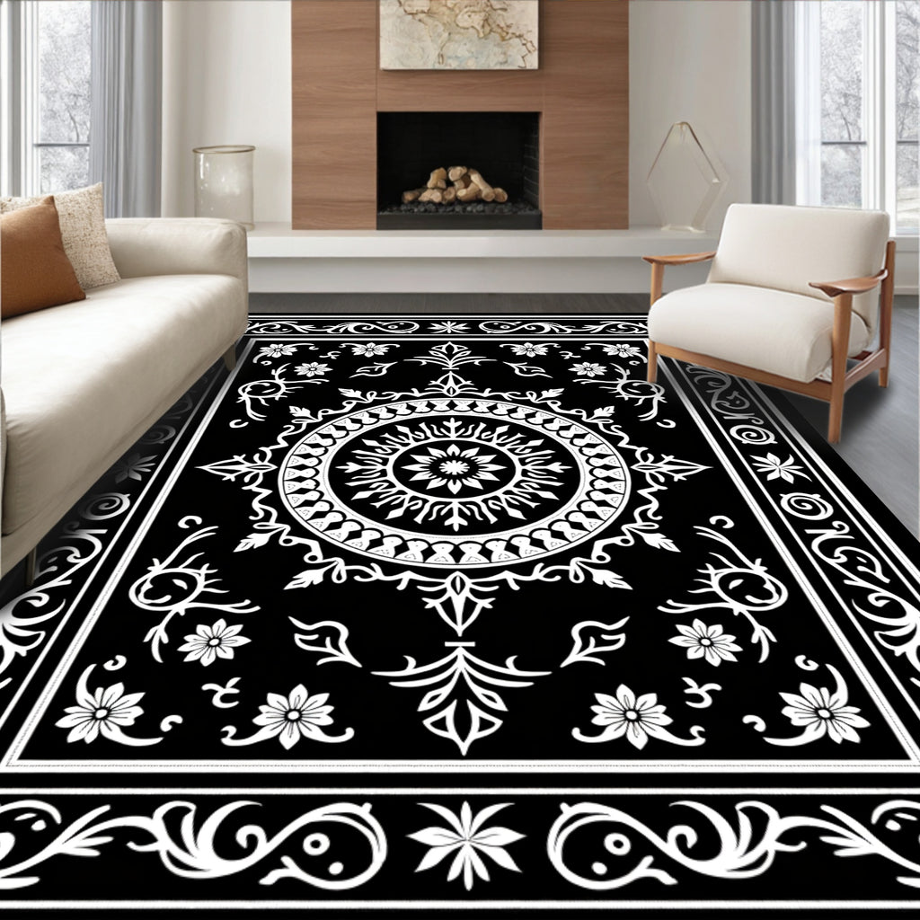 Black White Ornate Floral Medallion Rug