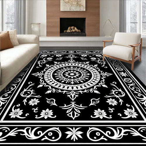 Black White Ornate Floral Medallion Rug