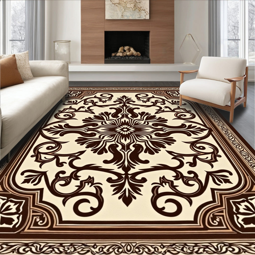 Classic Brown Floral Medallion Border Rug
