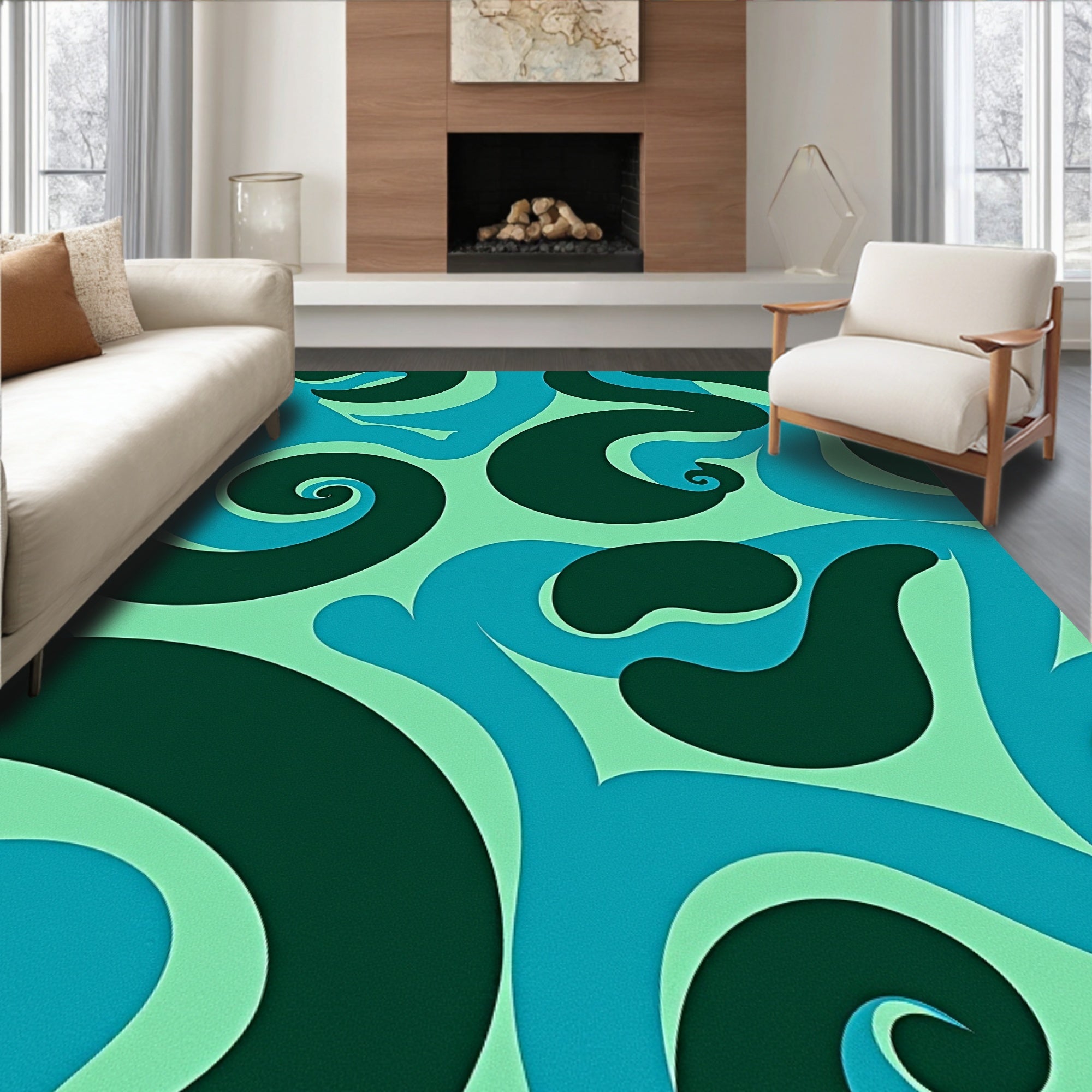 Teal Green Swirl Pattern Rug