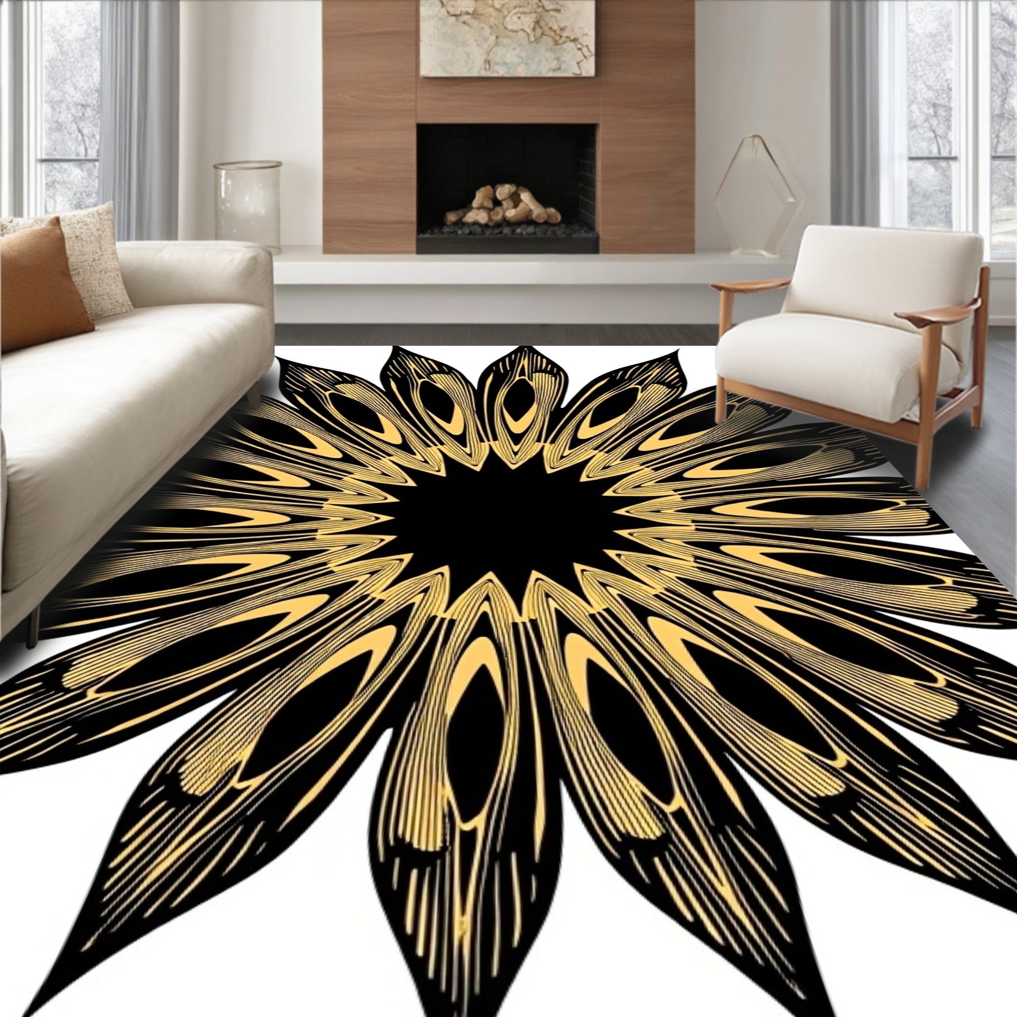 Black Gold Detailed Mandala Pattern Rug