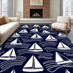 White Sailboats on Navy Waves Pattern Rug