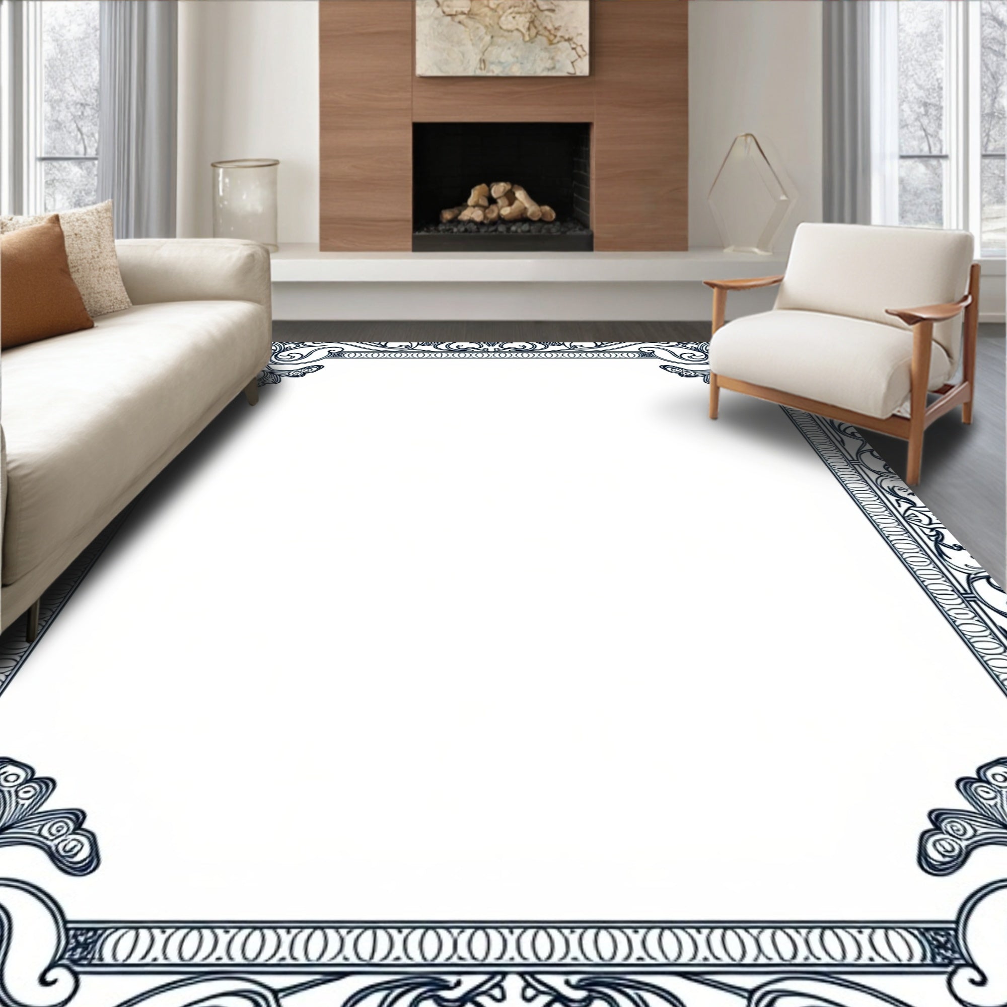 Elegant Floral Scroll Border Design Rug