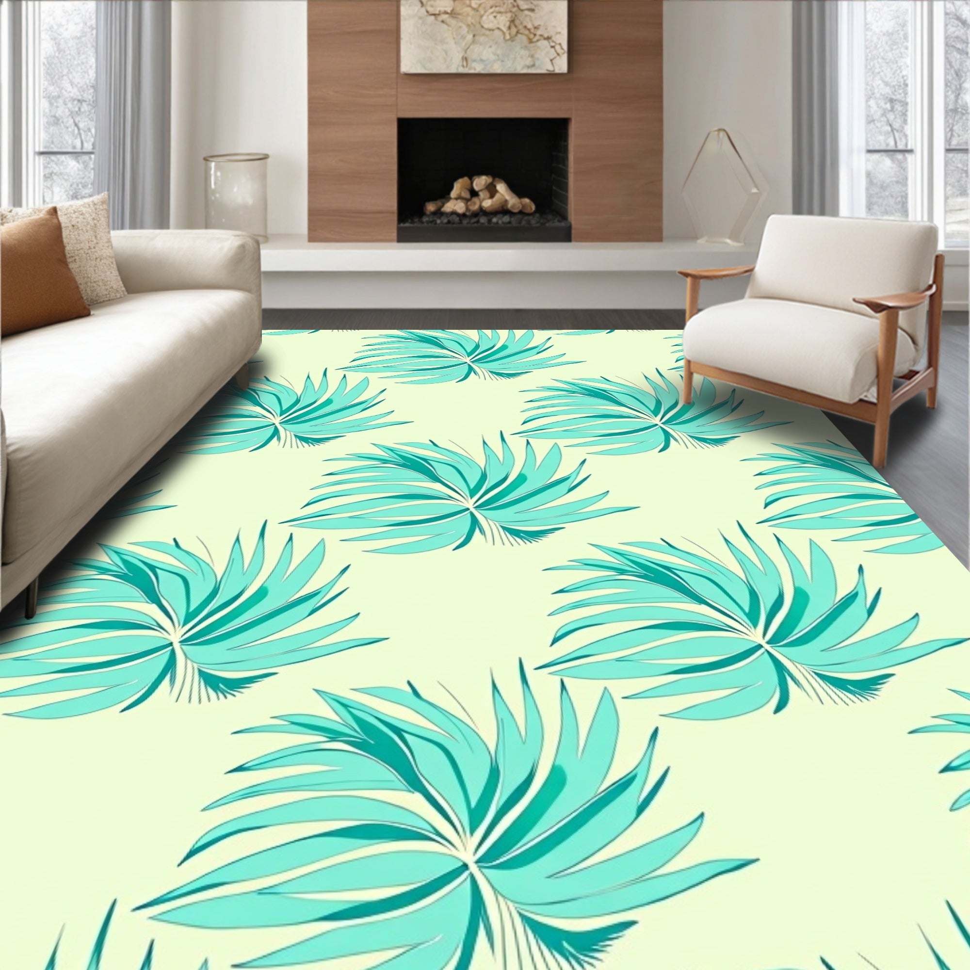 Aqua Leaf Pattern Design Rug