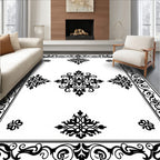 Intricate Black Floral Scroll Pattern Rug