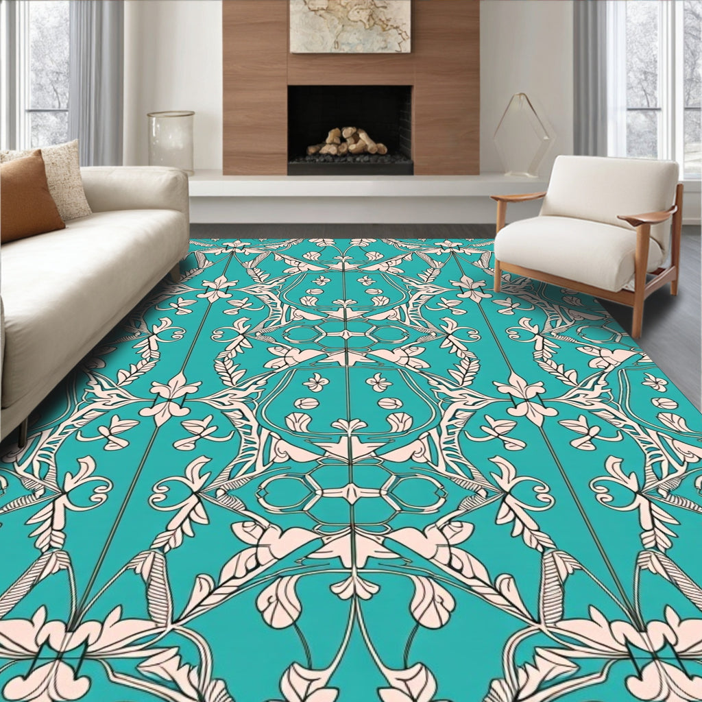 Elegant Teal Cream Floral Pattern Rug