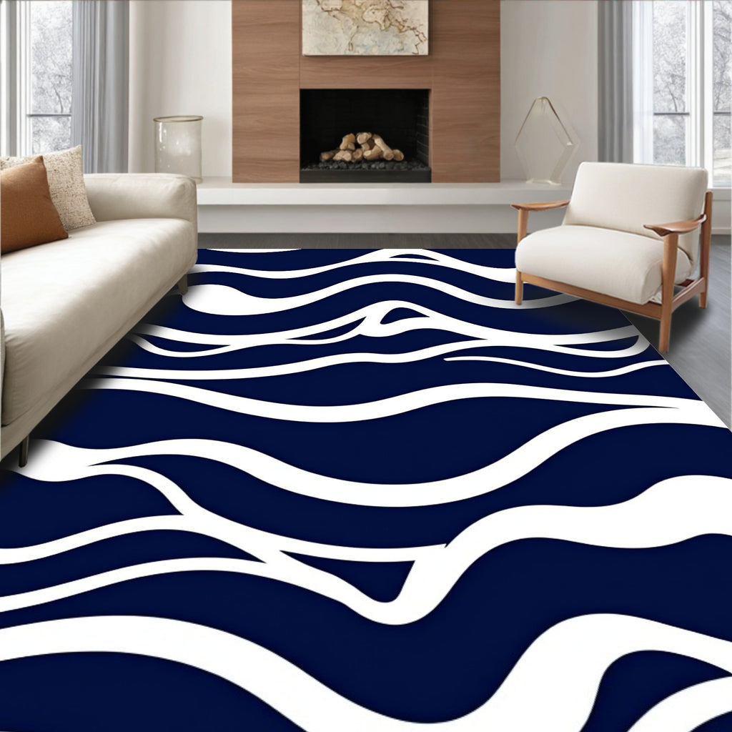 Navy White Wavy Abstract Pattern Rug