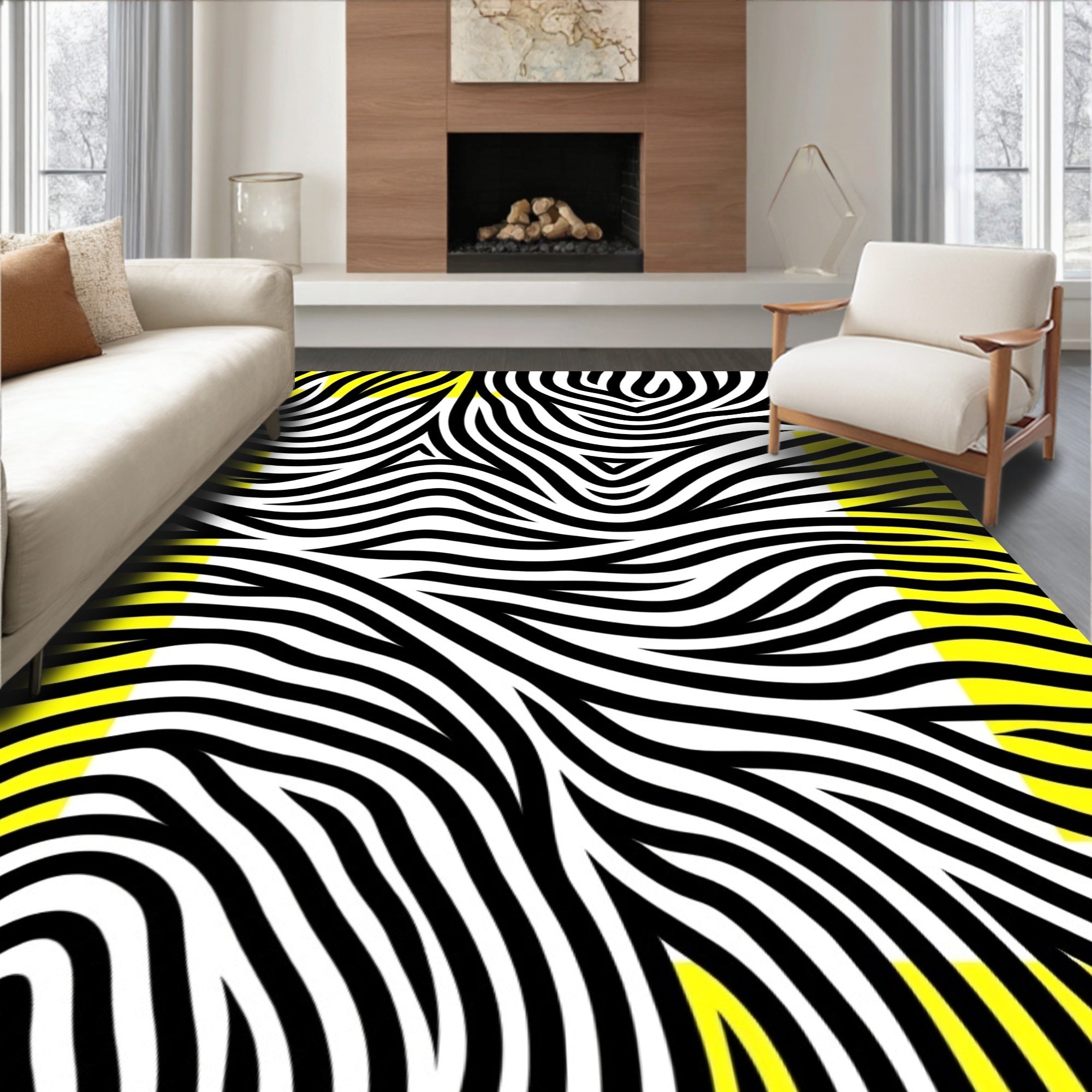 Bold Black Yellow Abstract Waves Rug