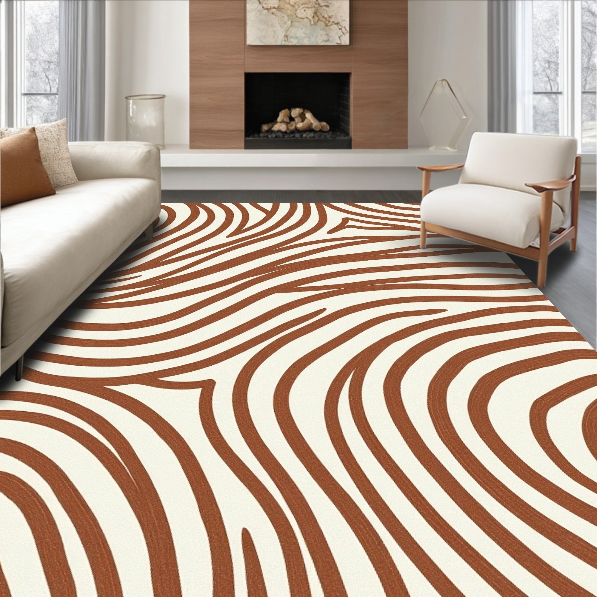 Brown White Abstract Swirls Rug