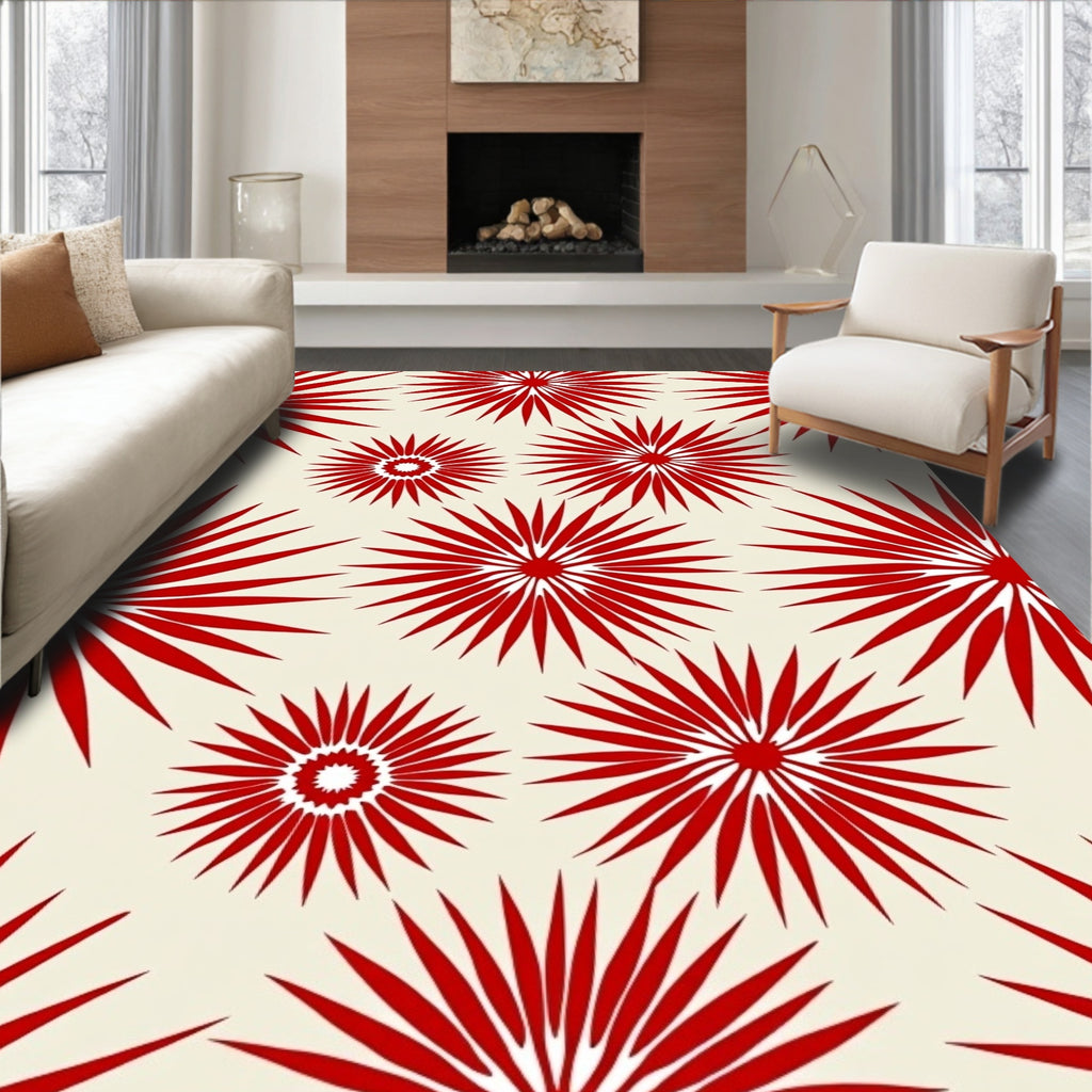 Red Sunburst Floral Pattern Rug