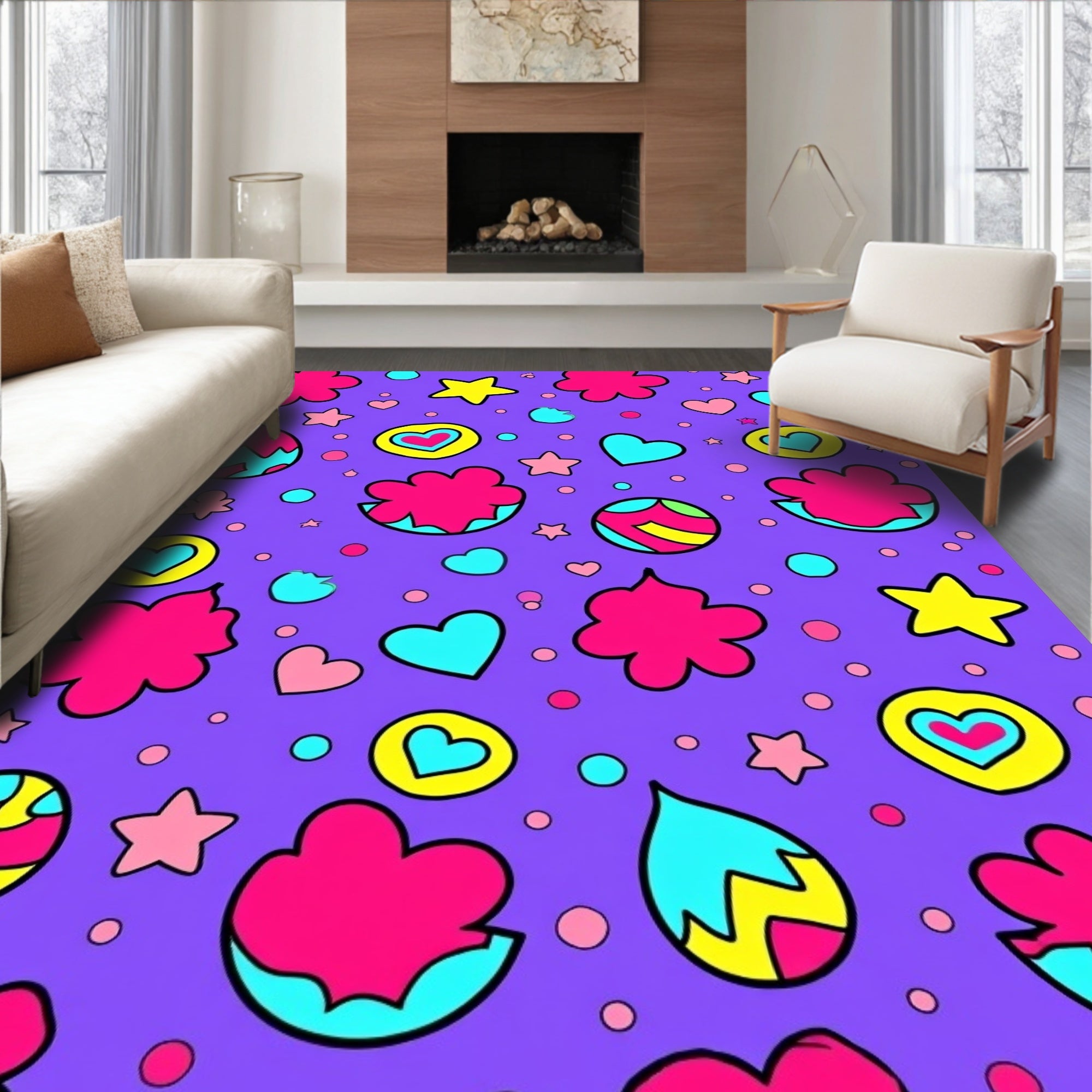 Vibrant Hearts Stars Shapes Pattern Rug