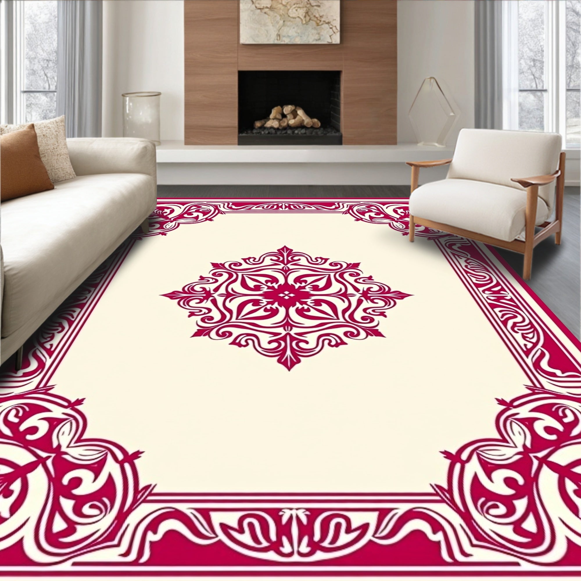 Ornate Floral Crimson Geometric Pattern Rug
