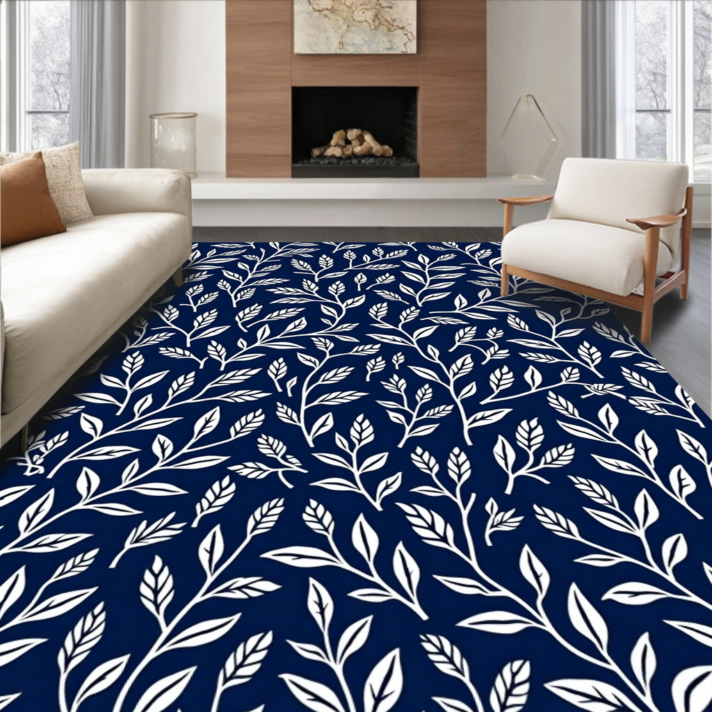 White Leaf Patterned Dark Blue Textile Rug