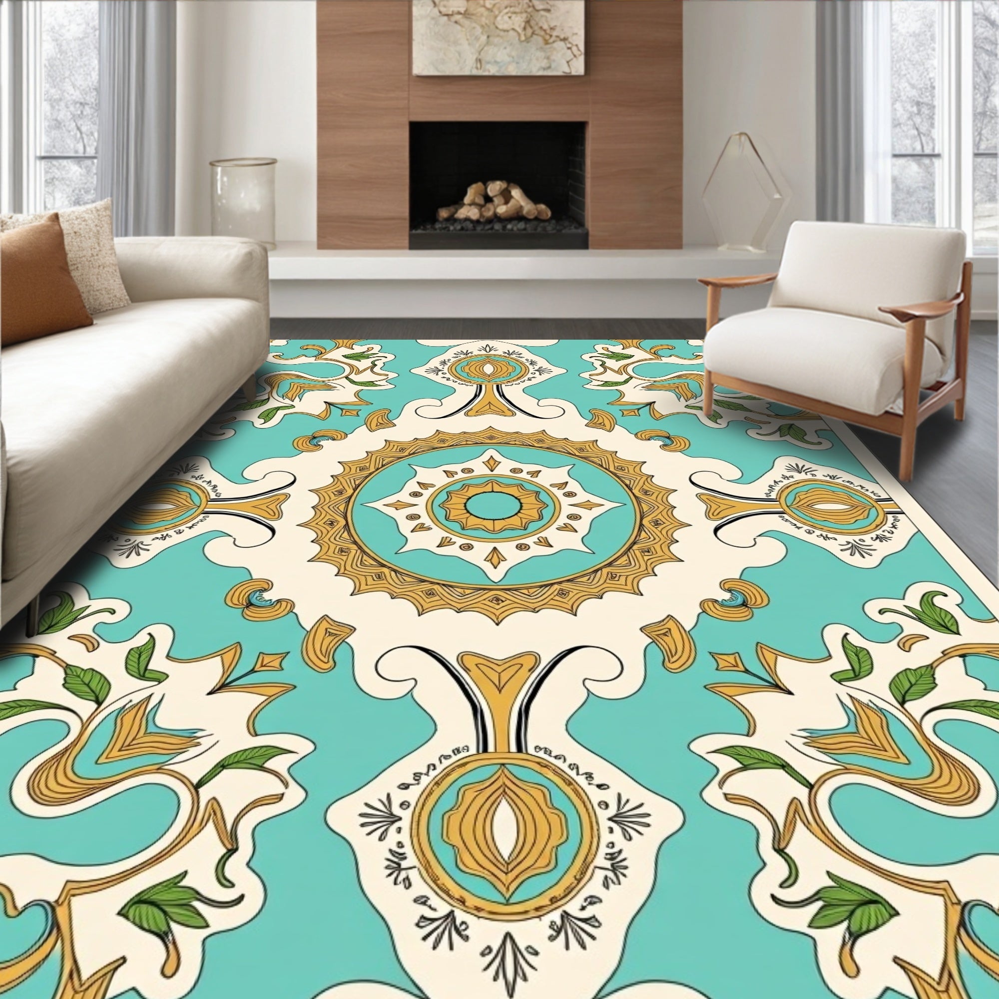 Ornate Teal Gold Floral Medallion Rug