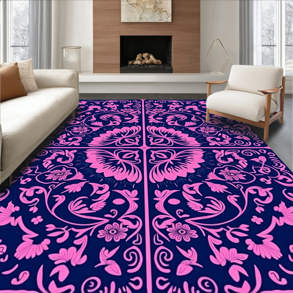 Pink Floral Vine Patterned Square Rug
