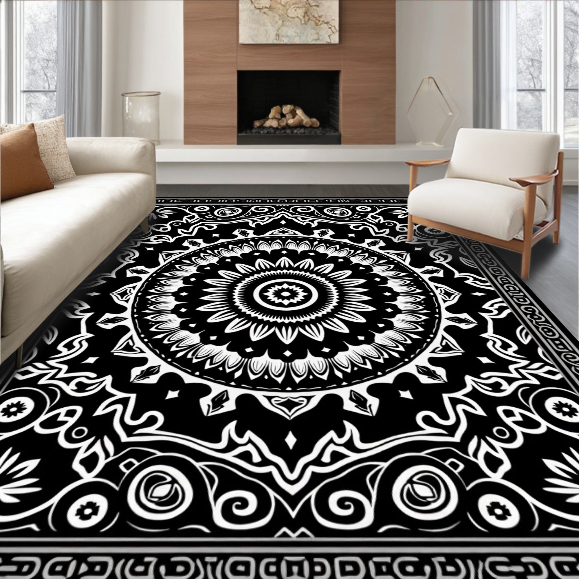 Central Mandala Ornamental Scrollwork Pattern Rug