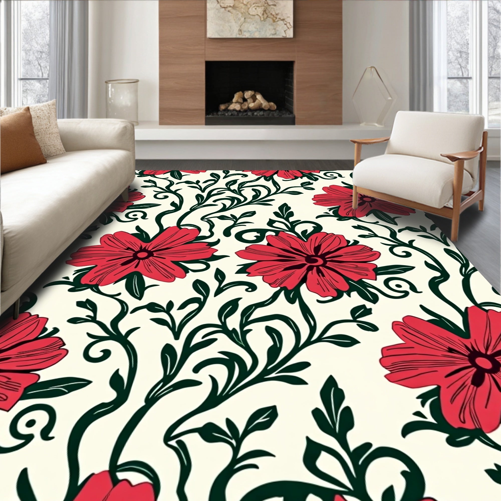 Vibrant Floral Scrollwork Pattern Rug