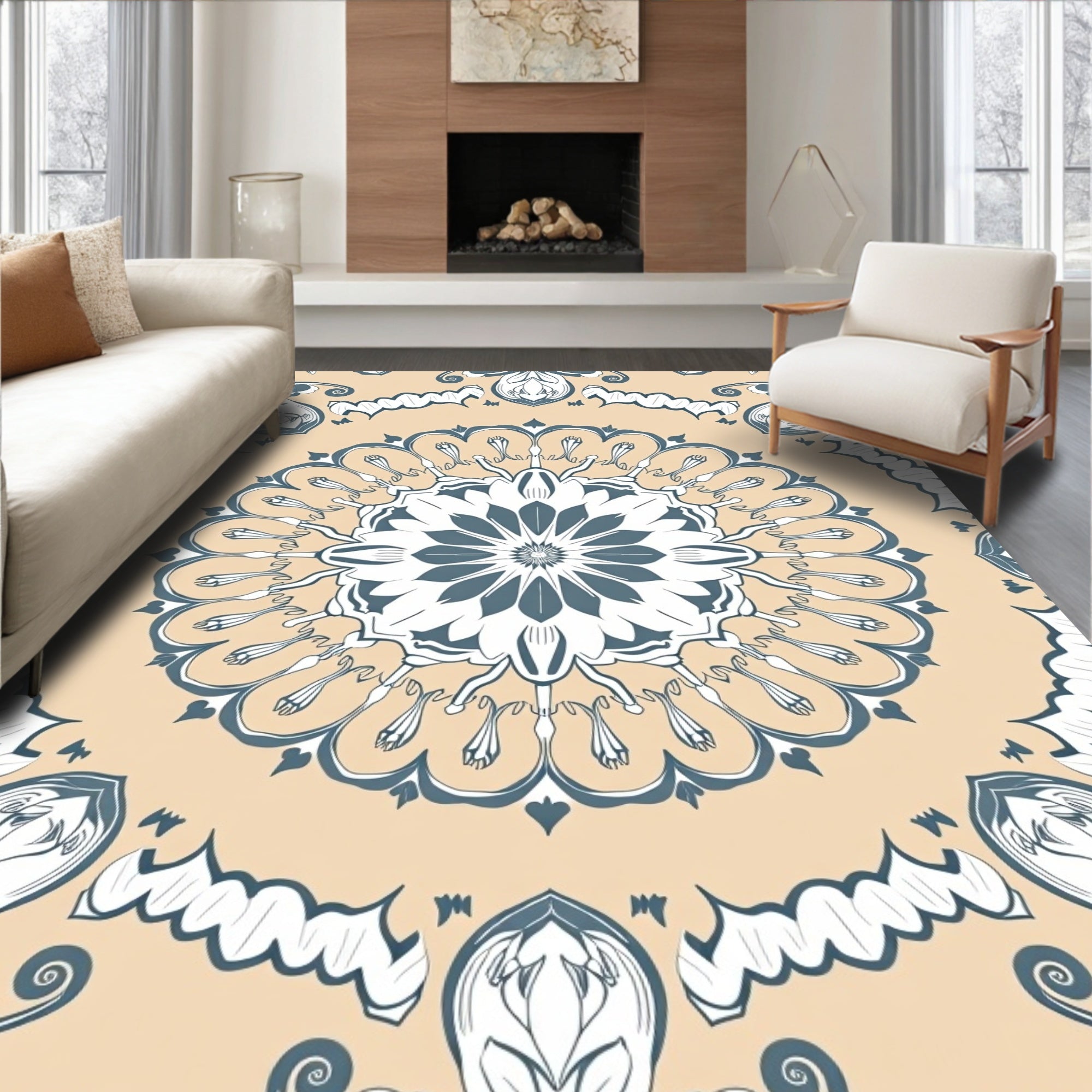 Mandala Floral Patterned Beige Rug