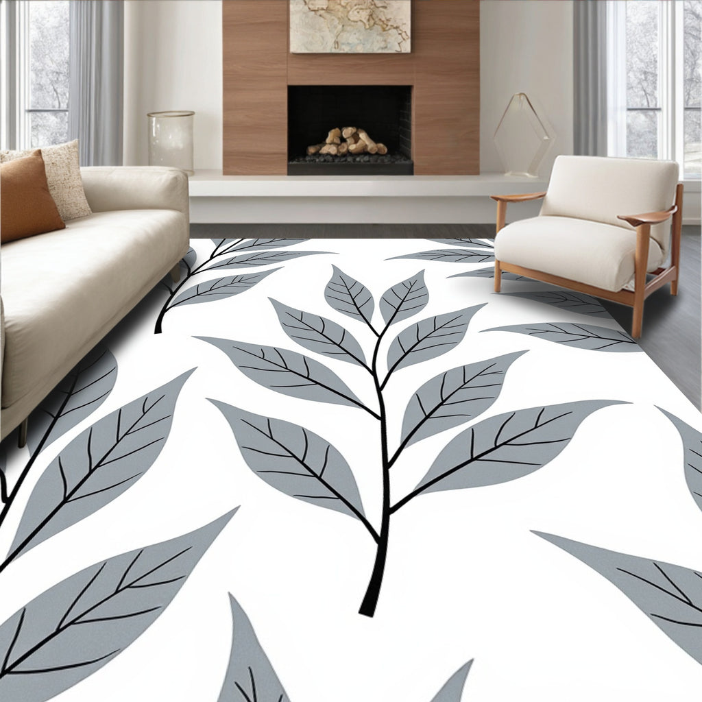 Modern Gray Leaf Pattern Rug