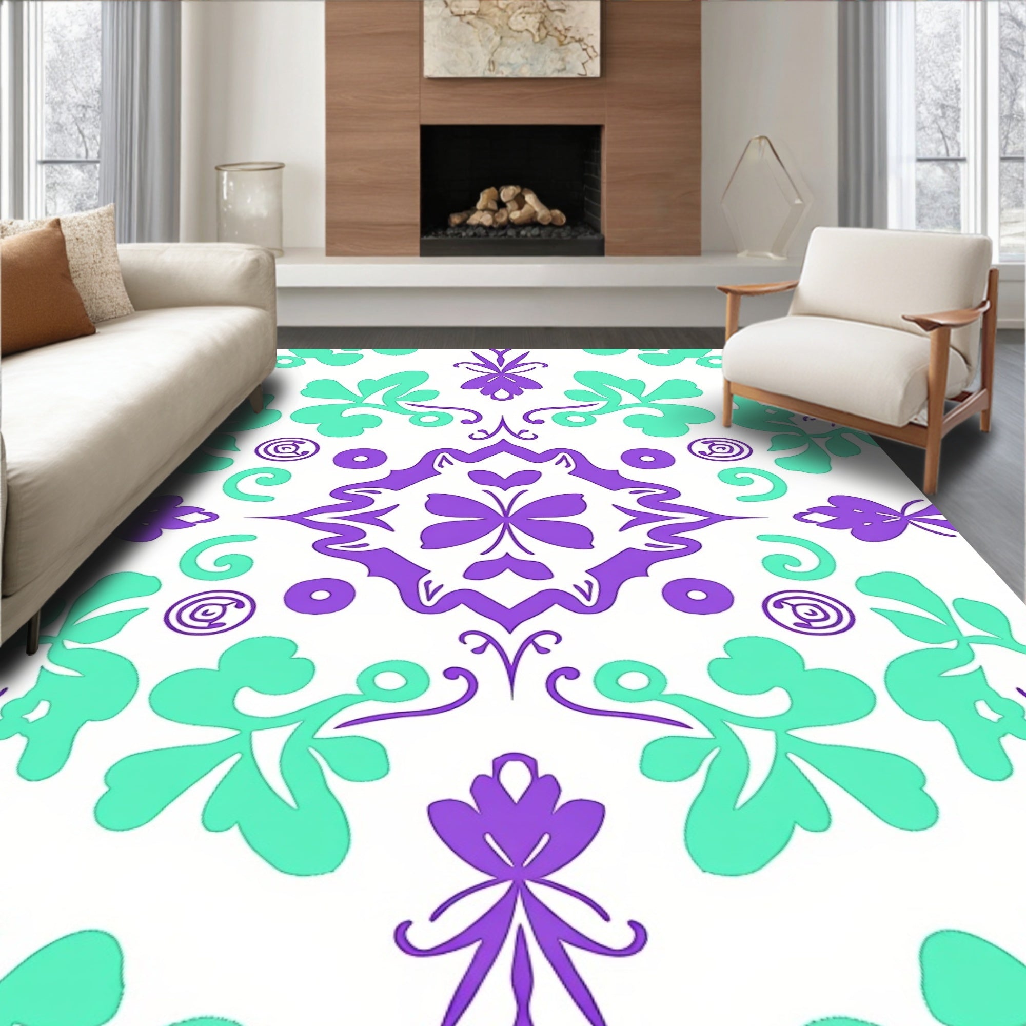 Purple Teal Floral Medallion Pattern Rug