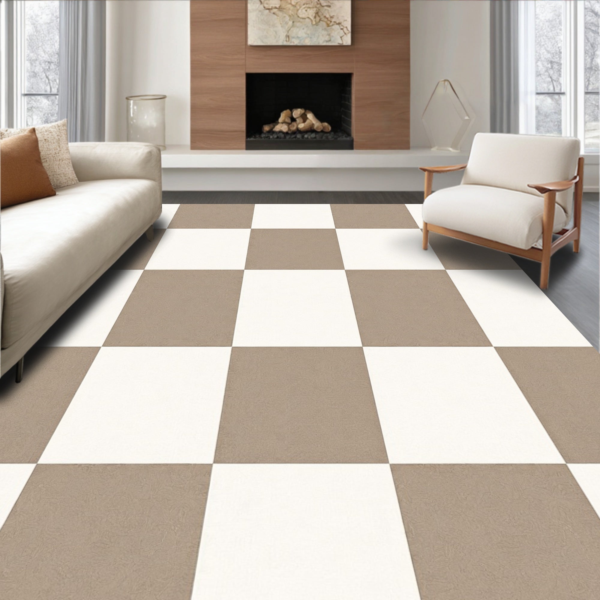 Classic Brown White Checkerboard Pattern Rug