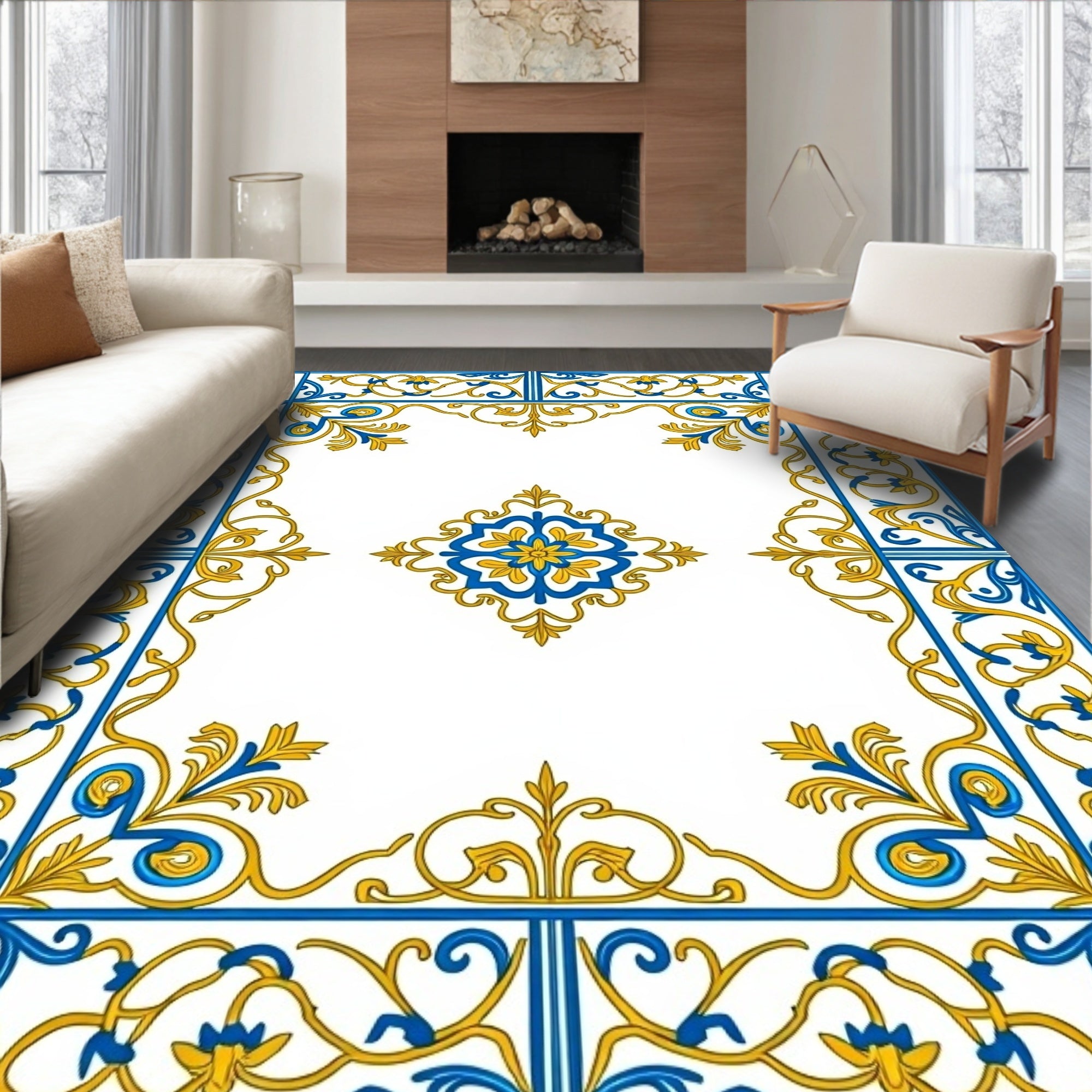 Royal Blue Yellow Floral Scroll Border Rug