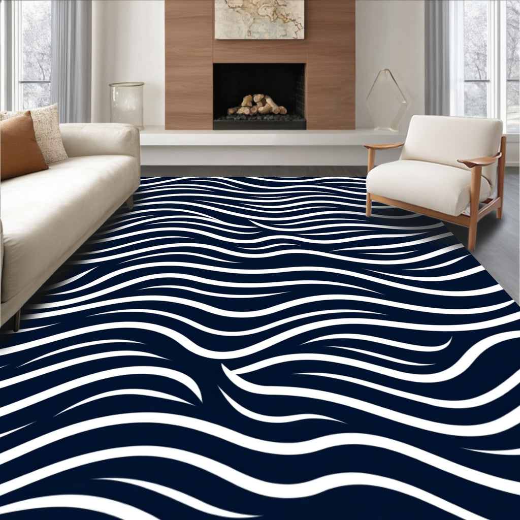 Dark Blue White Wave Pattern Rug