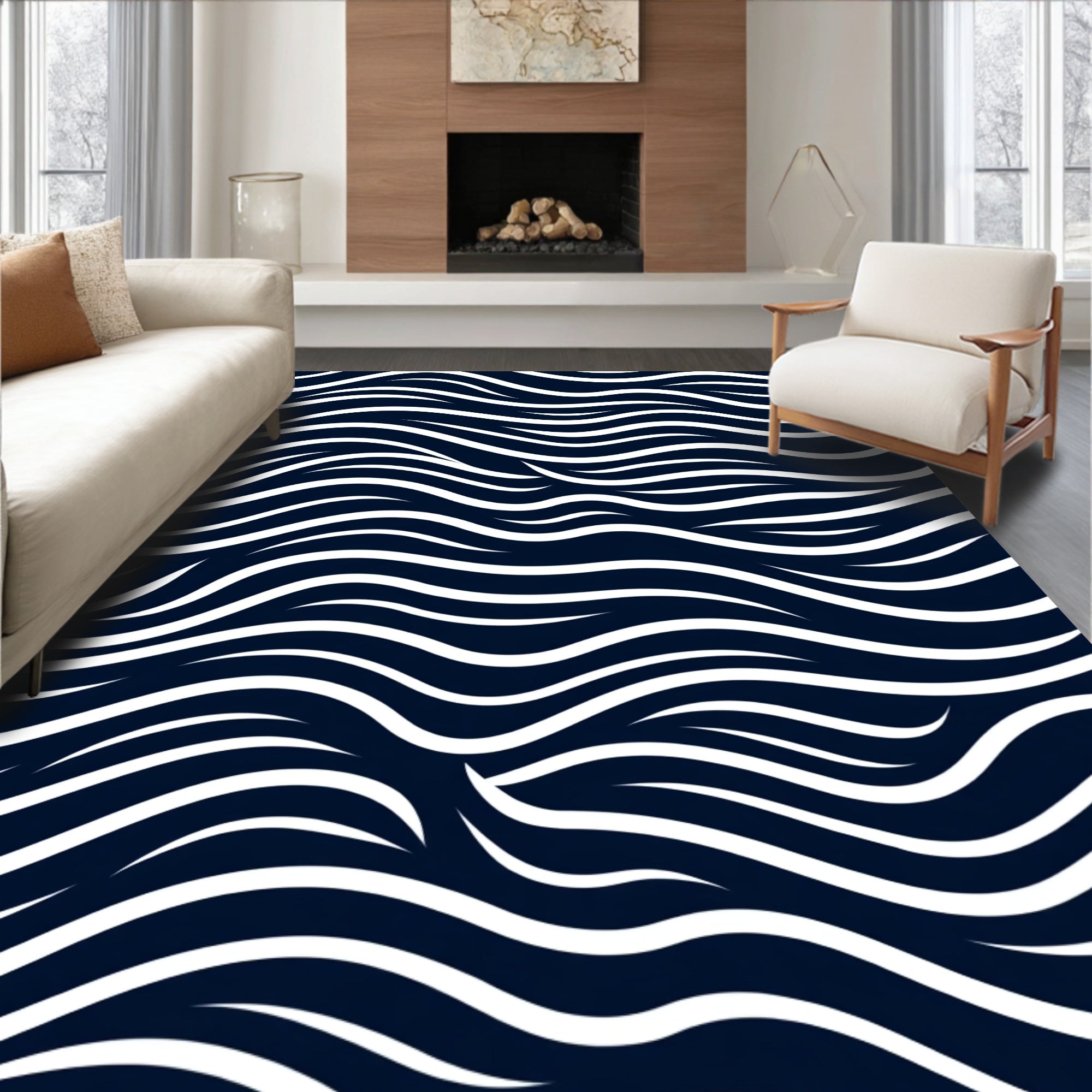 Dark Blue White Wave Pattern Rug