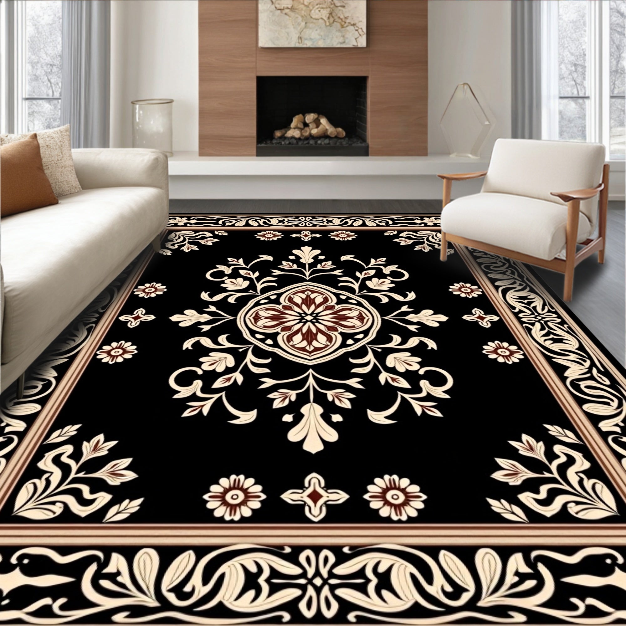 Elegant Black Floral Medallion Pattern Rug