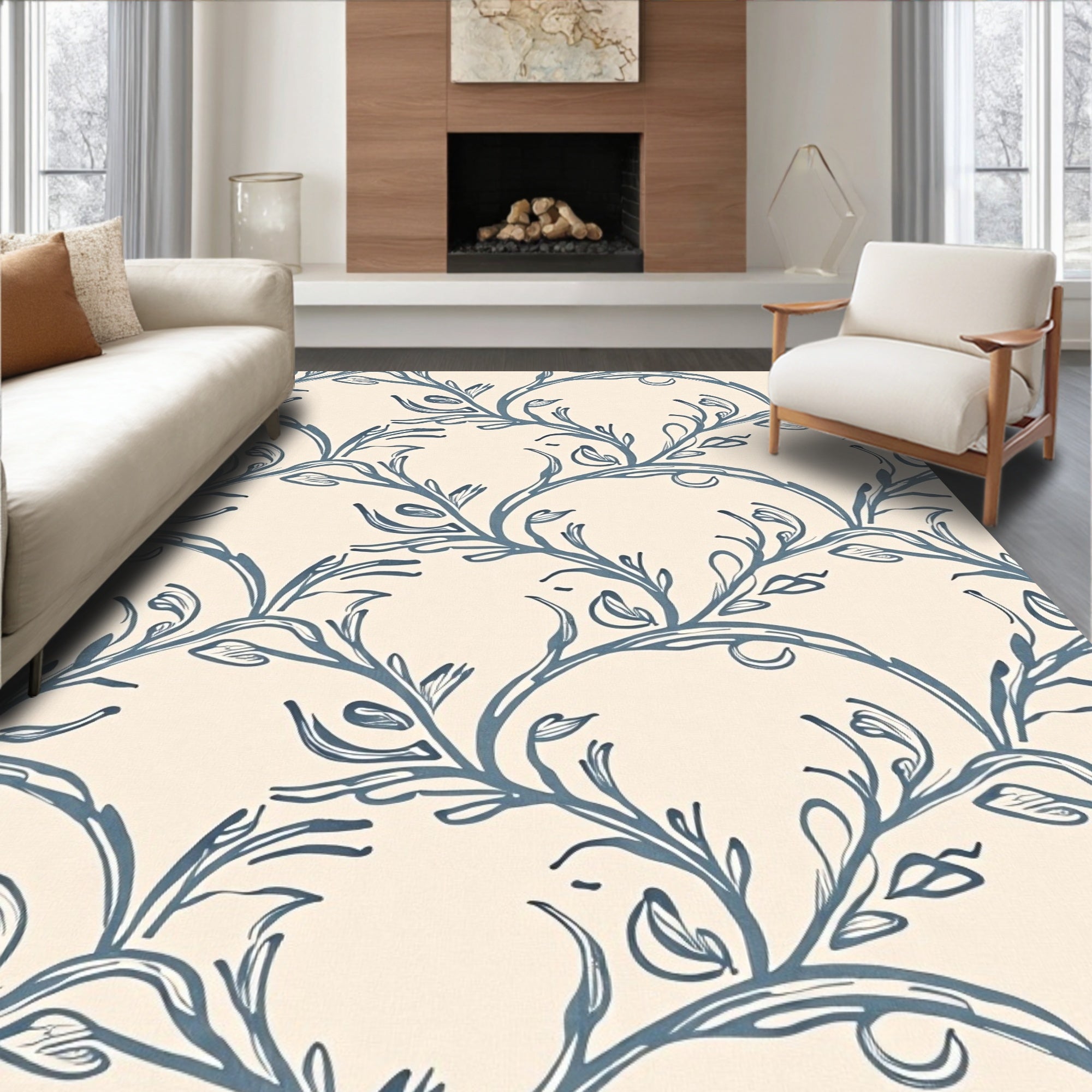Delicate Blue Vine Swirl Pattern Rug