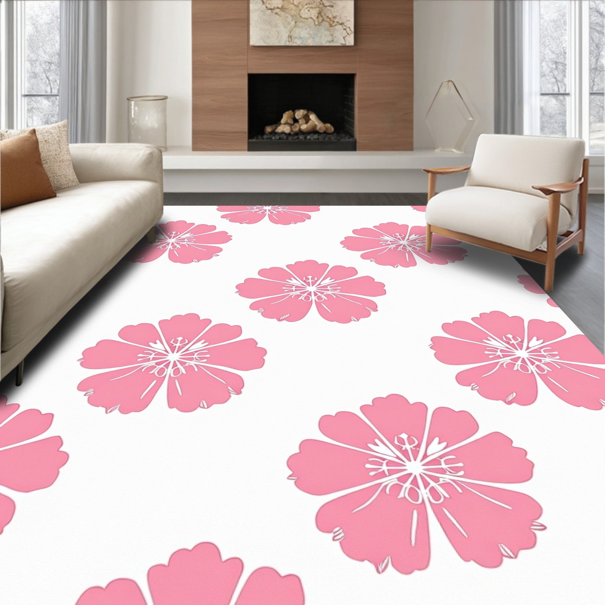 Pink Floral Pattern Overlay Rug