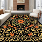 Ornate Floral Scrollwork Black Orange Rug